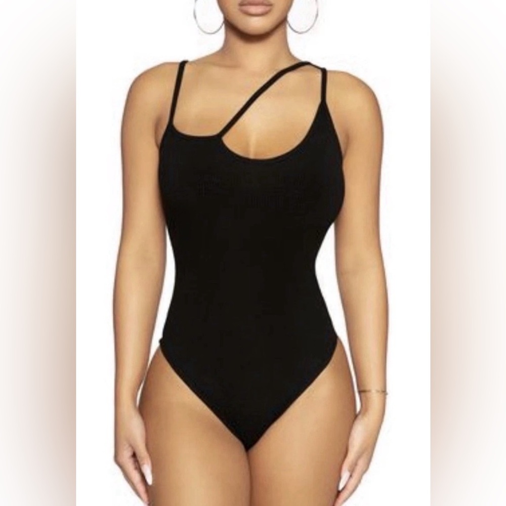 Naked Wardrobe Black Asymmetrical Bodysuit, NWOT, XS